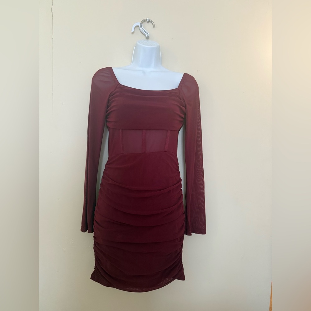 SHEIN Red Ruched Long Sleeve Bodycon Dress